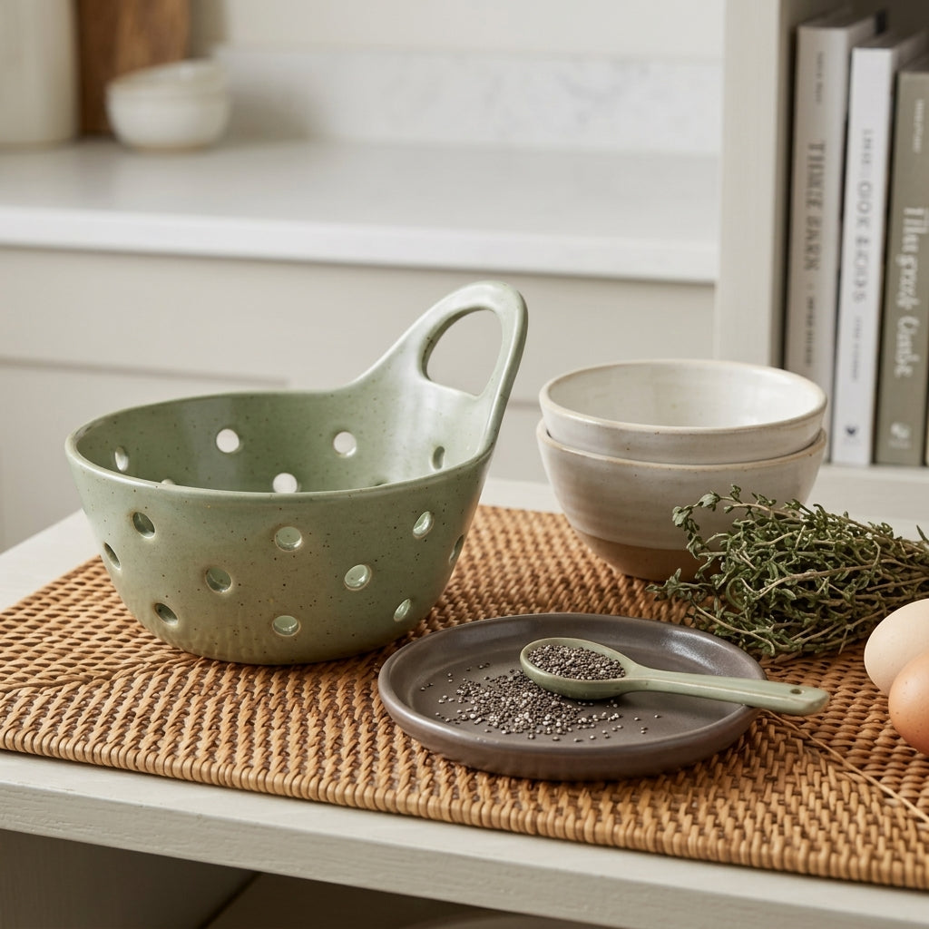 Modern Sage Ceramic Berry Bowl with Drip Tray
