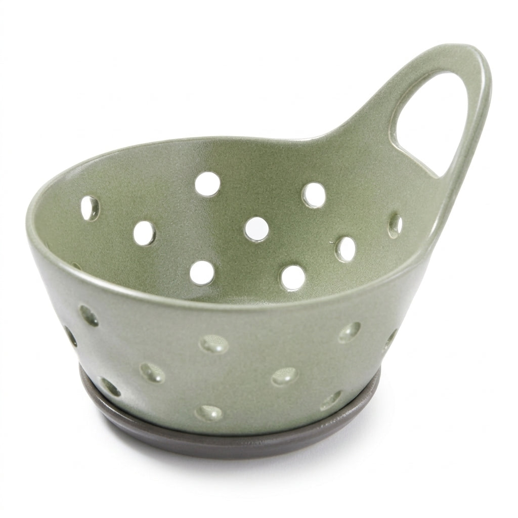Modern Sage Ceramic Berry Bowl with Drip Tray