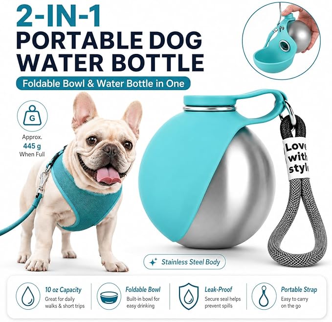 🎁 Last Day Sale 50% OFF : Portable Dog Water Bottle, 10 oz Stainless Steel Pet Travel Dispenser with Silicone Foldable Bowl, Leak Proof Tumbler, Dog Walking Accessories for Hiking and Small Pets