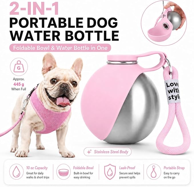 🎁 Last Day Sale 50% OFF : Portable Dog Water Bottle, 10 oz Stainless Steel Pet Travel Dispenser with Silicone Foldable Bowl, Leak Proof Tumbler, Dog Walking Accessories for Hiking and Small Pets