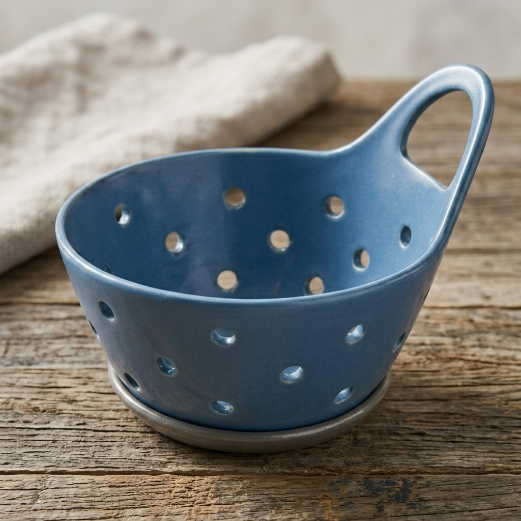 Modern Slate Blue Ceramic Berry Bowl with Drip Tray