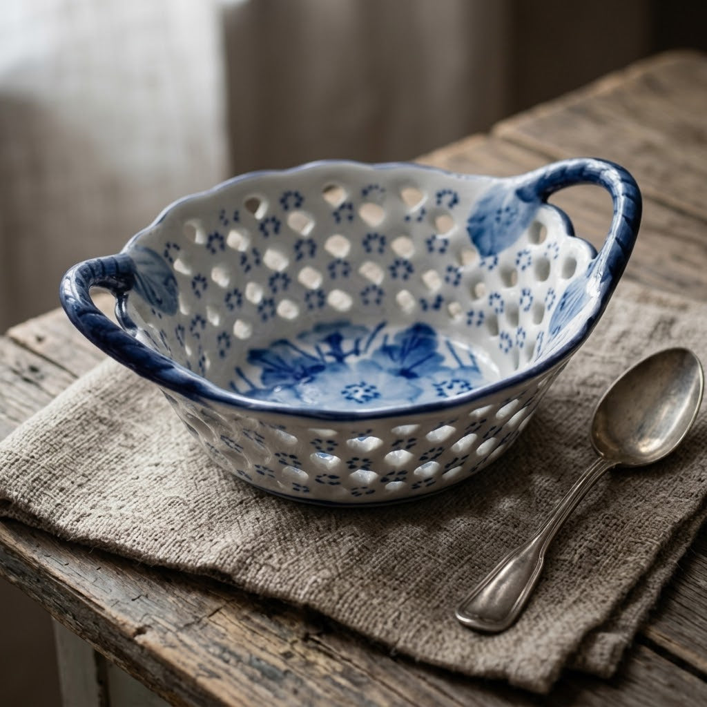 Blue and White Floral Pierced Ceramic Berry Bowl