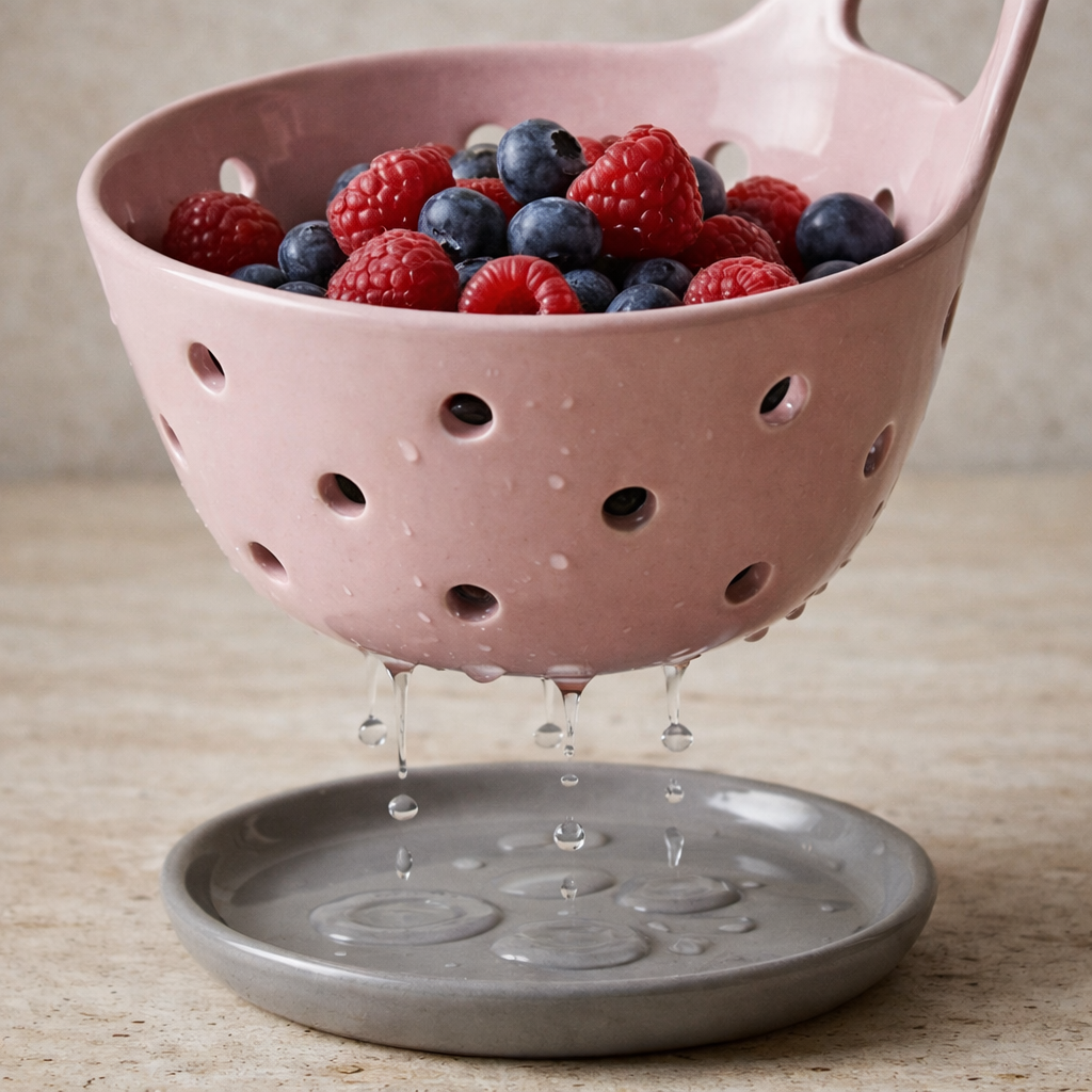 Modern Ceramic Berry Colander with Integrated Handle and Dark Grey Drip Base - Blush Pink