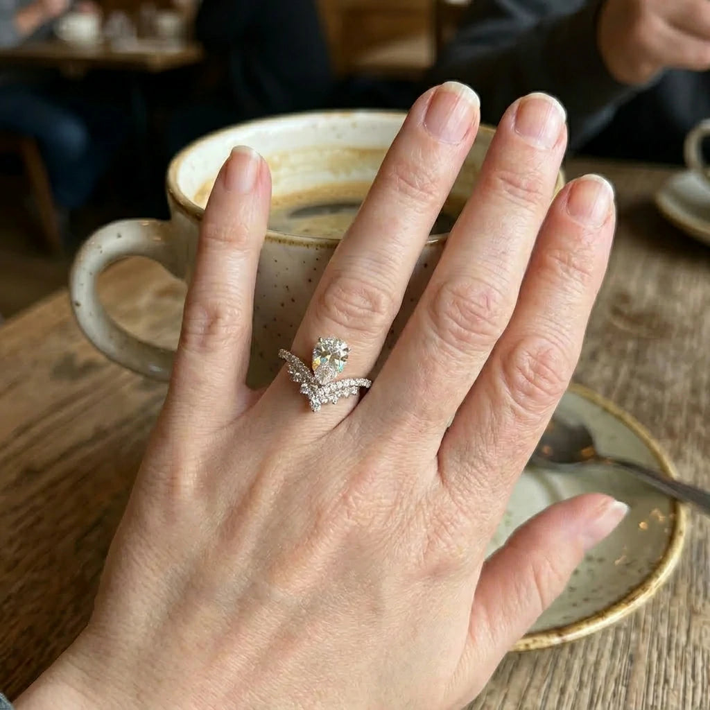 🔥 LAST DAY 90% OFF: Artisan Dual-Focus Travel-Safe Flawless Lab-Grown Diamond Water Drop Crown Ring in 14K Gold Over 925 Silver