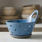 Modern Slate Blue Ceramic Berry Bowl with Drip Tray