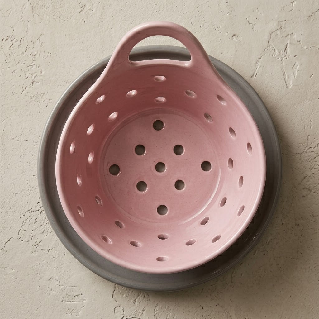 Modern Ceramic Berry Colander with Integrated Handle and Dark Grey Drip Base - Blush Pink