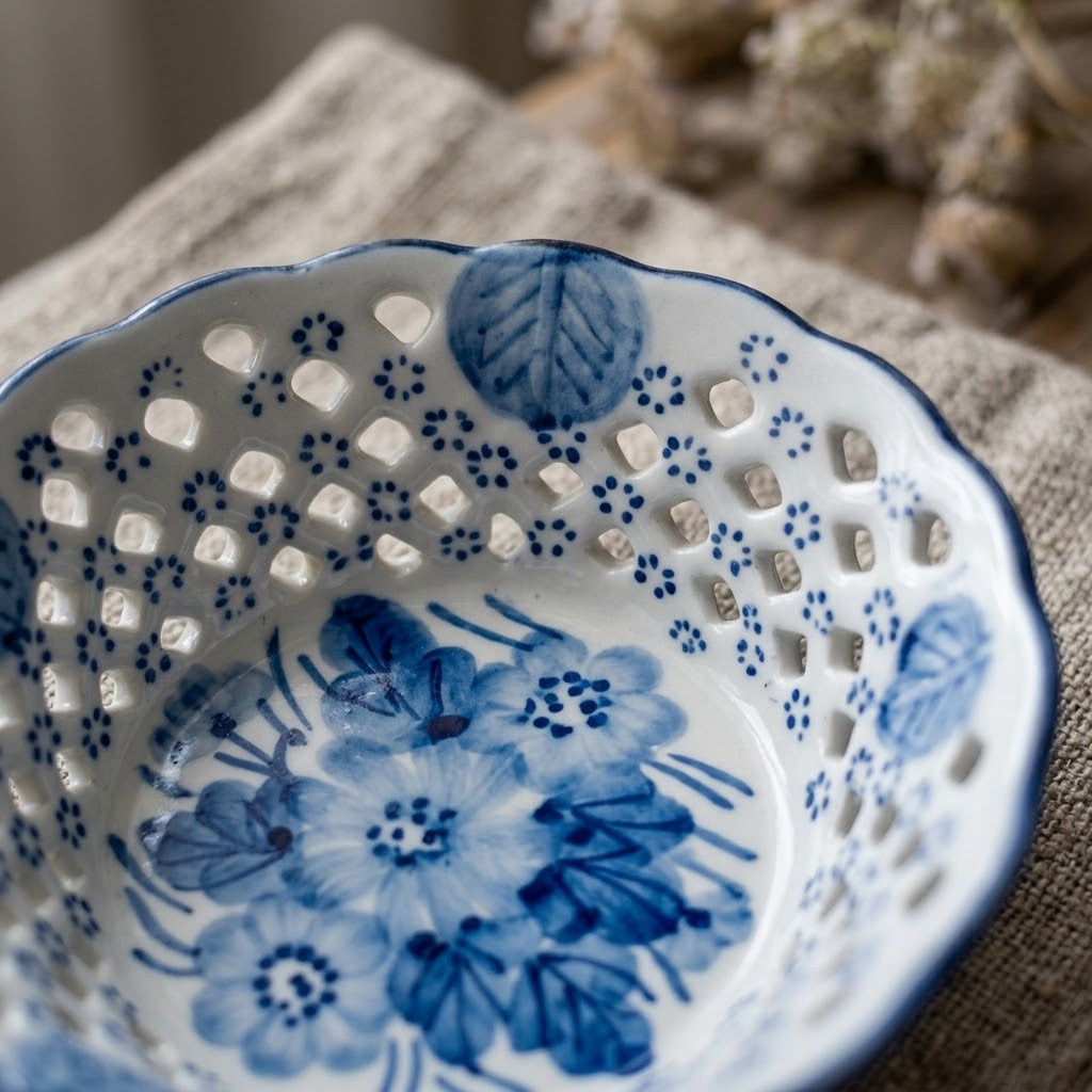 Blue and White Floral Pierced Ceramic Berry Bowl