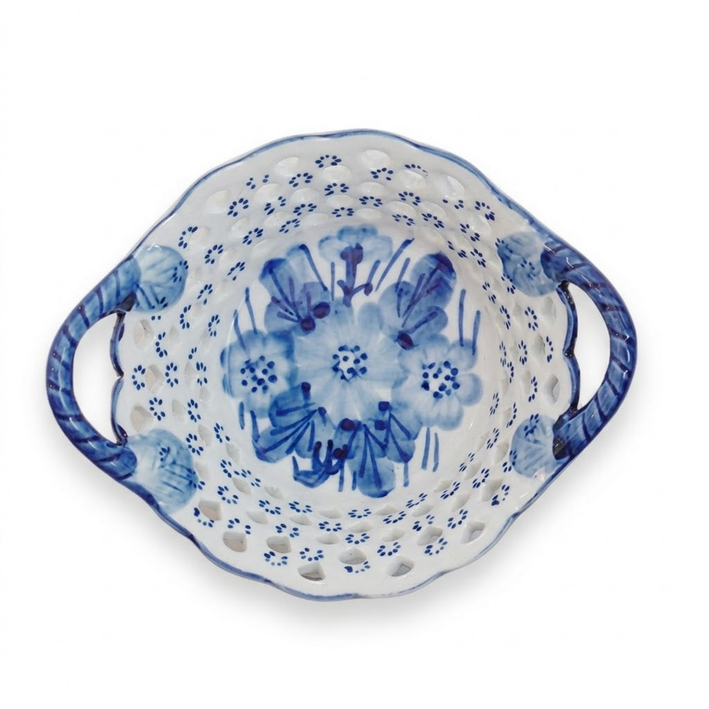 Blue and White Floral Pierced Ceramic Berry Bowl