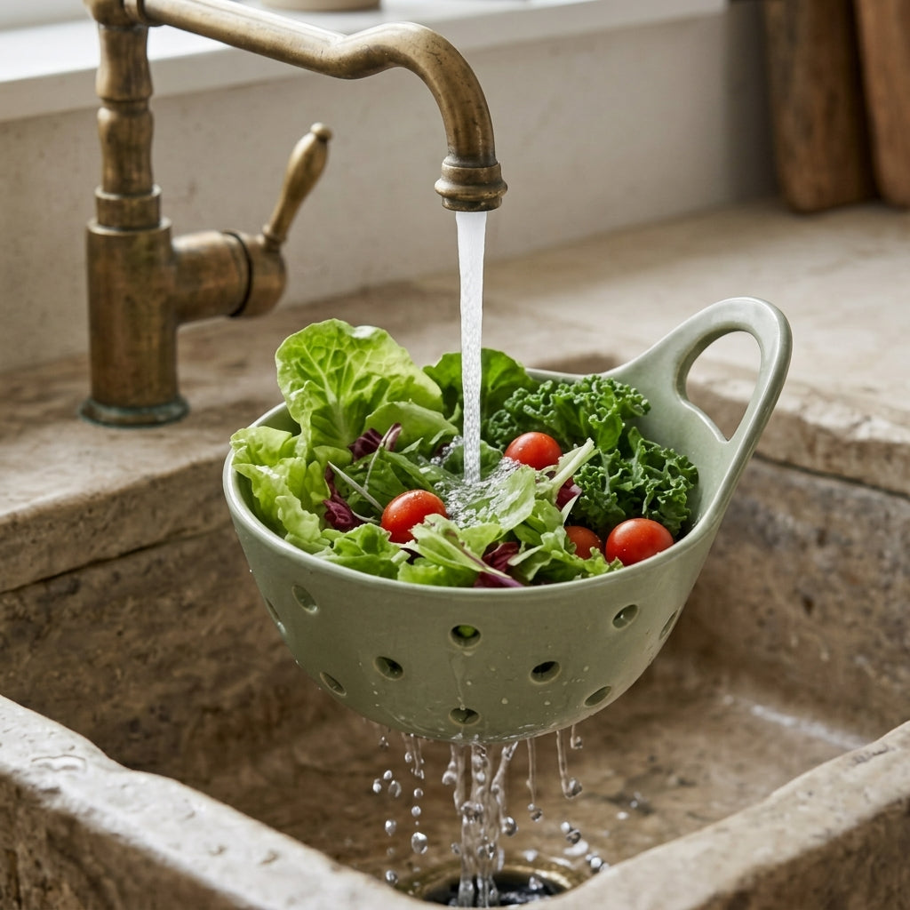 Modern Sage Ceramic Berry Bowl with Drip Tray