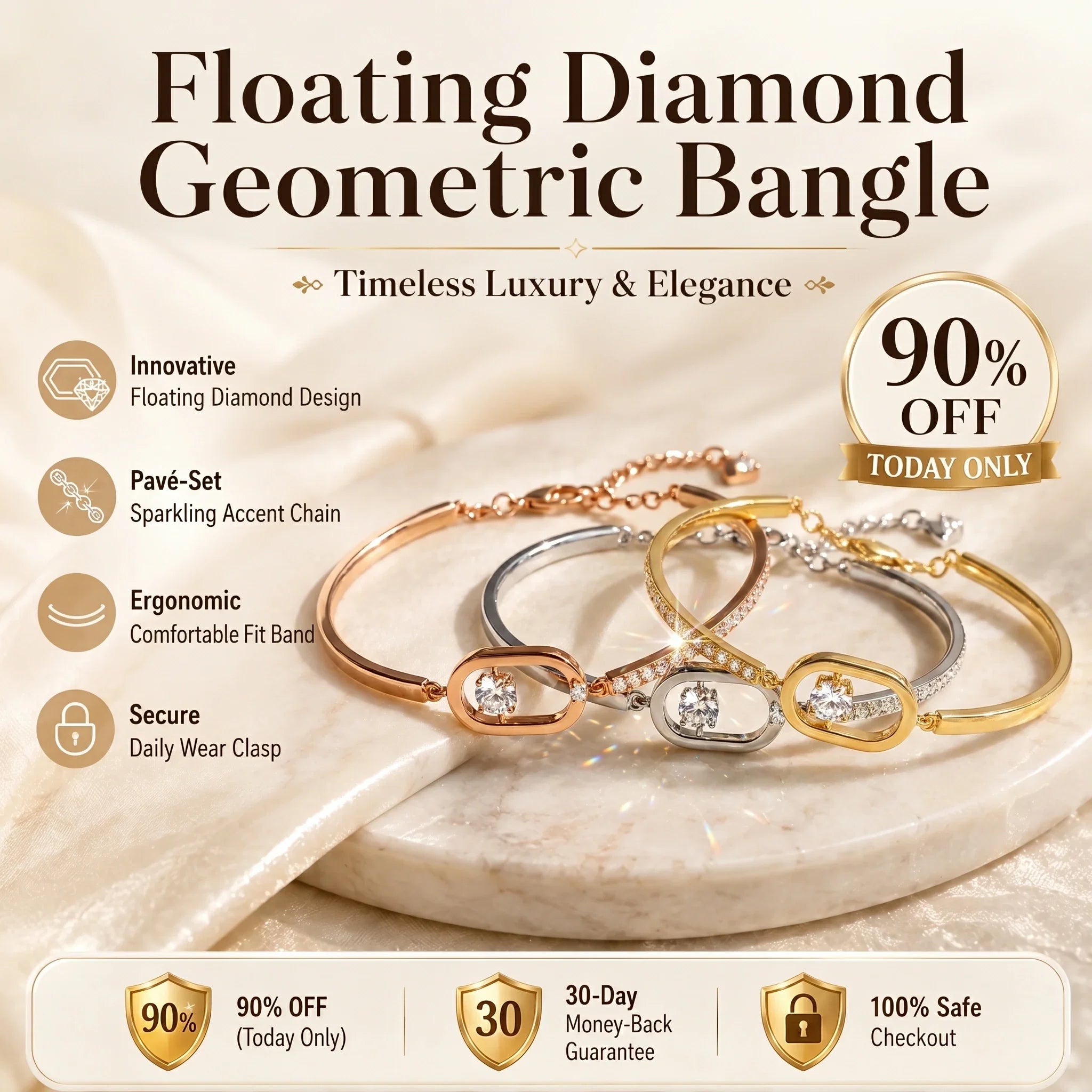 🔥 LAST DAY 90% OFF : Floating Diamond Geometric Bangle – Timeless Luxury &amp; Kinetic Brilliance