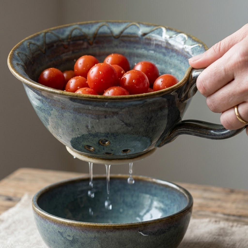 Artisanal Blue Reactive Glaze Handled Berry Bowl