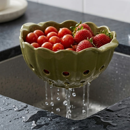 Scalloped Olive Green Ceramic Berry Bowl