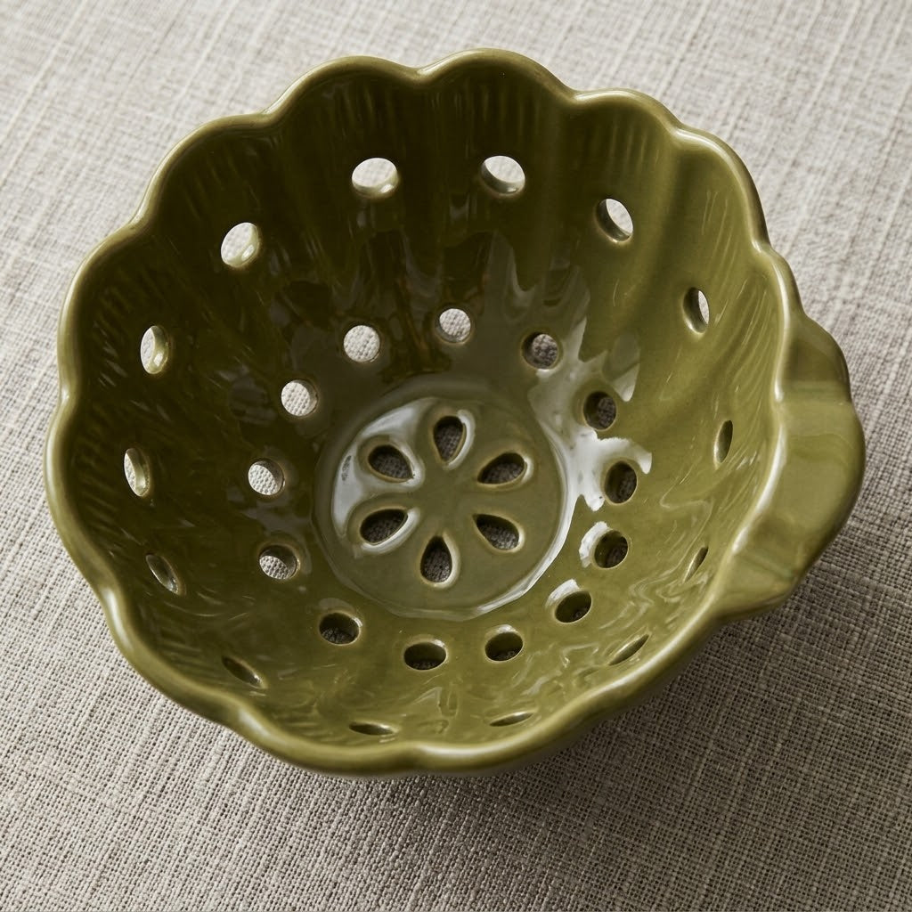 Scalloped Olive Green Ceramic Berry Bowl