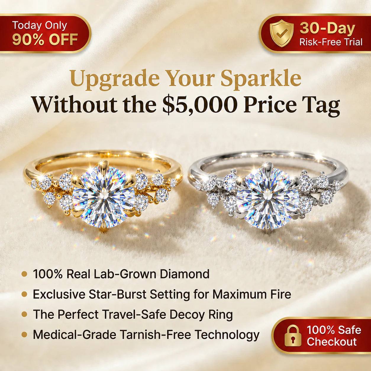🔥 LAST DAY 90% OFF: Star-Burst Tarnish-Free Flawless VVS1 D-Color Vintage Eternity Ring in 14K Gold Over Silver