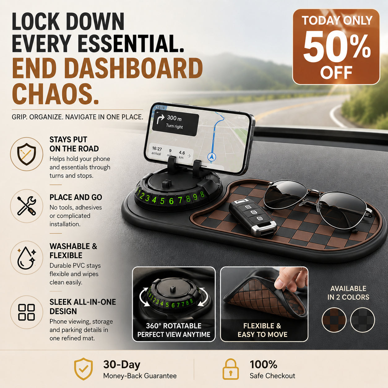 🔥 TODAY ONLY 50% OFF — 4-in-1 Dashboard Anti-Slip Mat with Rotatable Phone Holder & Easy-Access Organizer