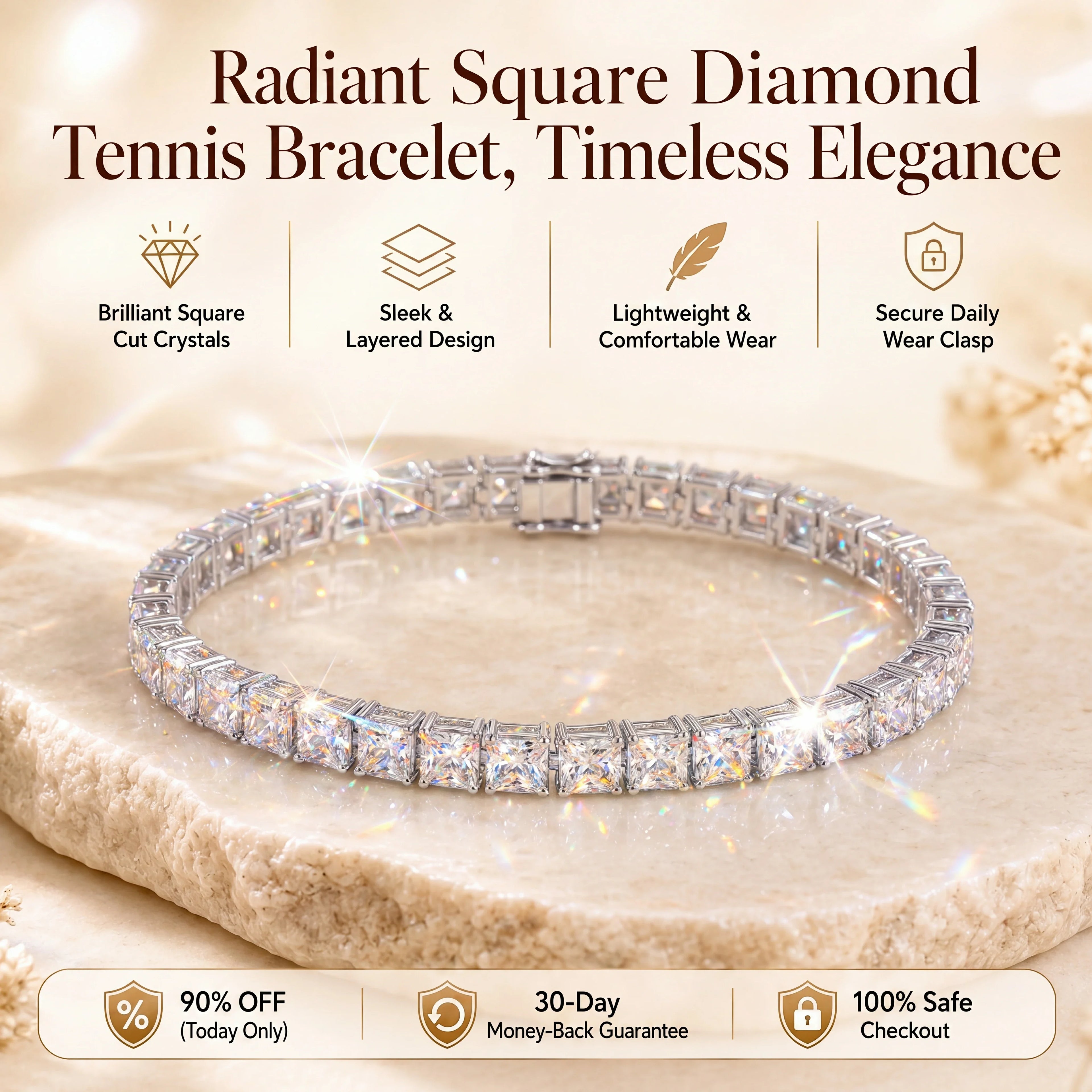 🔥 LAST DAY 90% OFF : Radiant Square Diamond Tennis Bracelet – Seamless Brilliance & Fluid Comfort