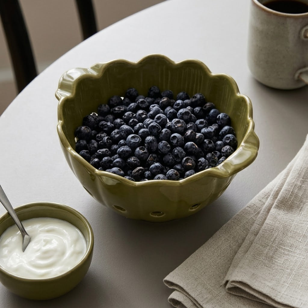 Scalloped Olive Green Ceramic Berry Bowl