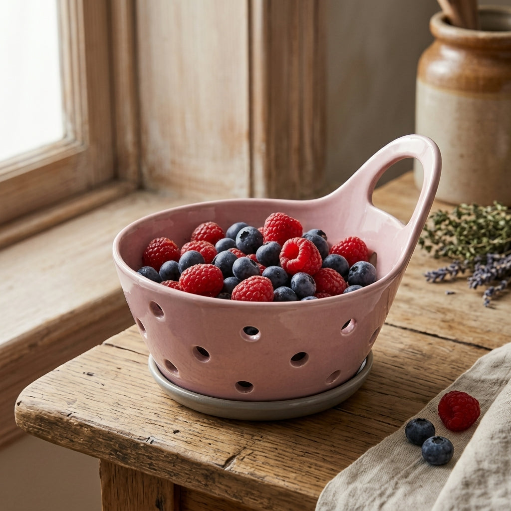Modern Ceramic Berry Colander with Integrated Handle and Dark Grey Drip Base - Blush Pink