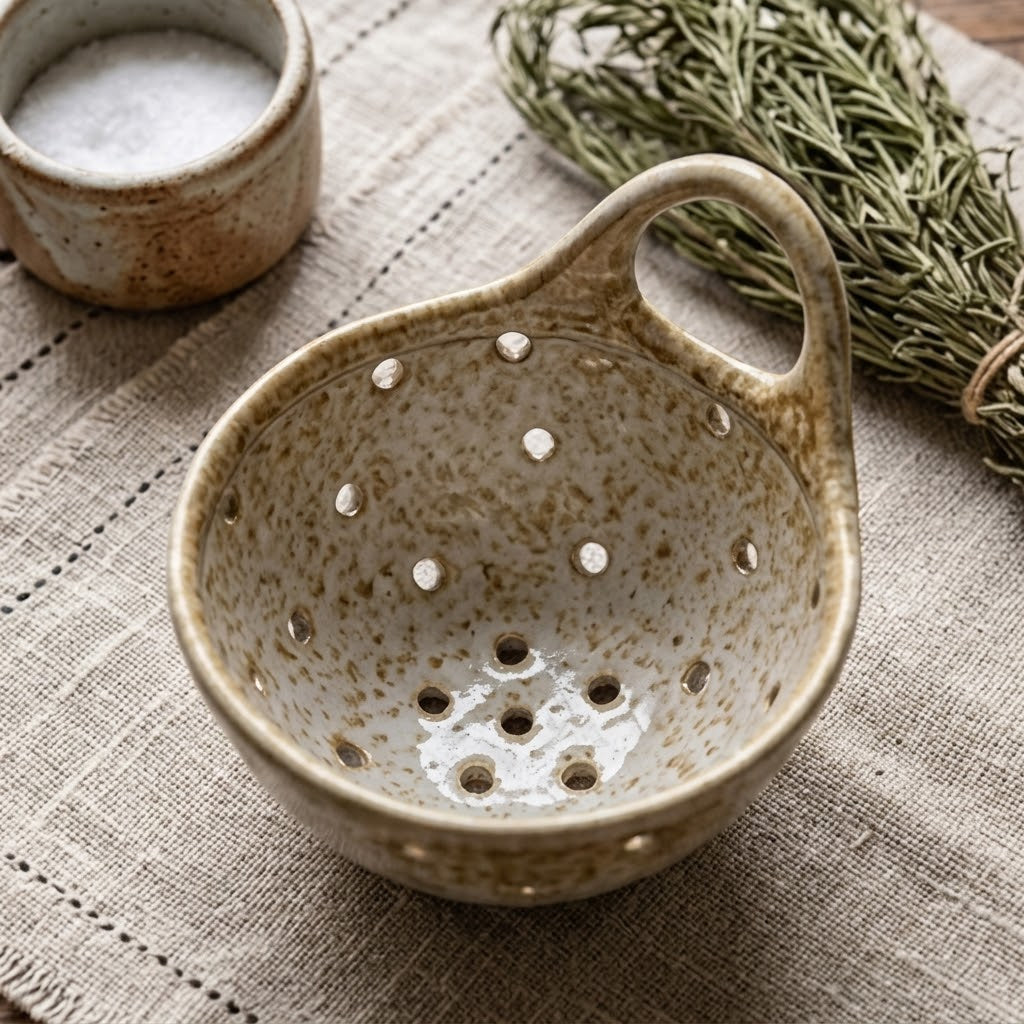 Rustic Speckled Ceramic Berry Bowl with Handle
