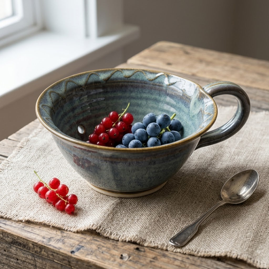 Artisanal Blue Reactive Glaze Handled Berry Bowl