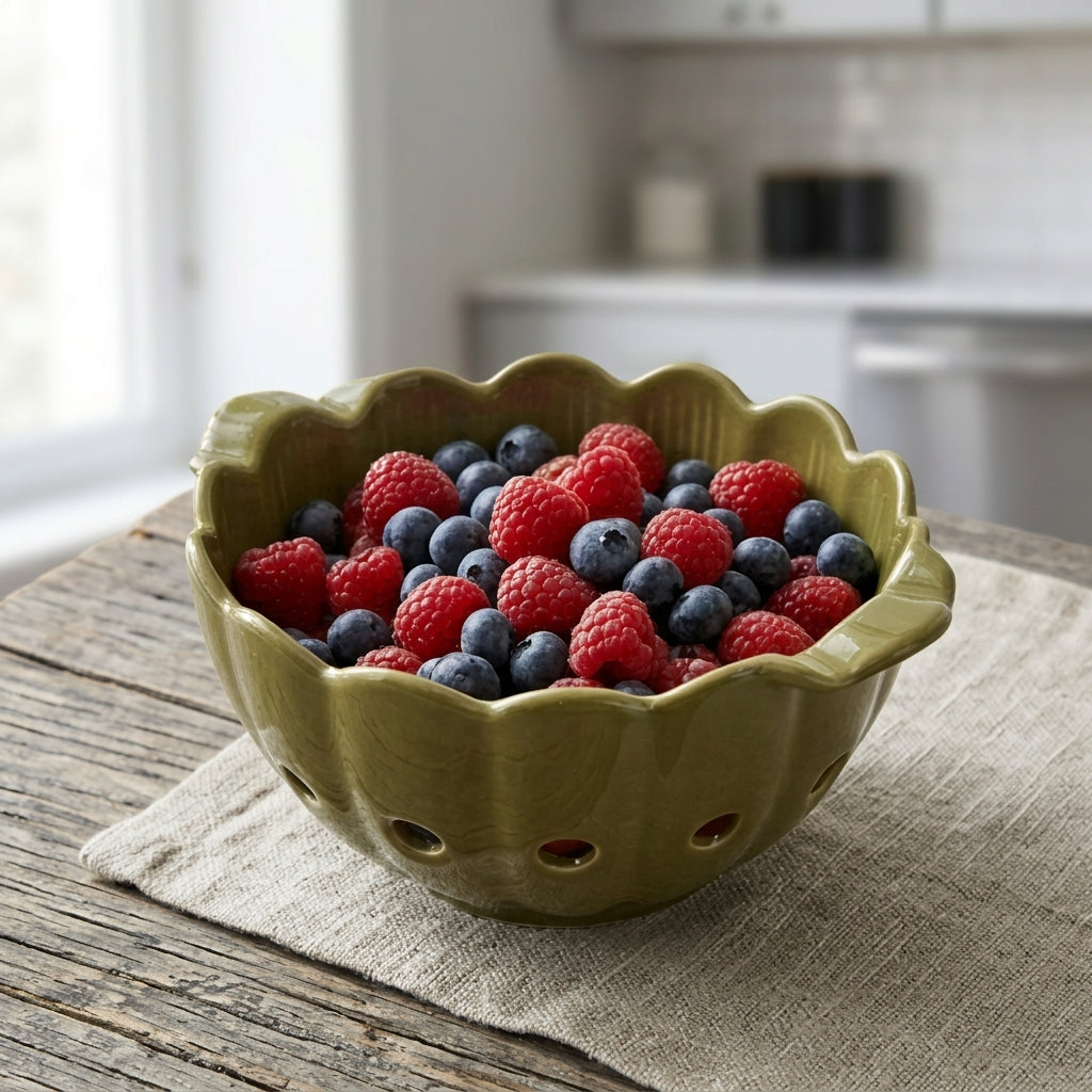 Scalloped Olive Green Ceramic Berry Bowl