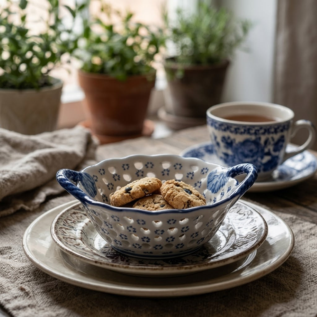 Blue and White Floral Pierced Ceramic Berry Bowl