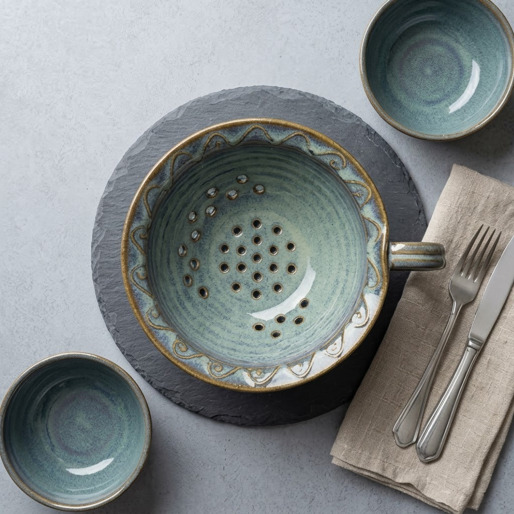 Artisanal Blue Reactive Glaze Handled Berry Bowl