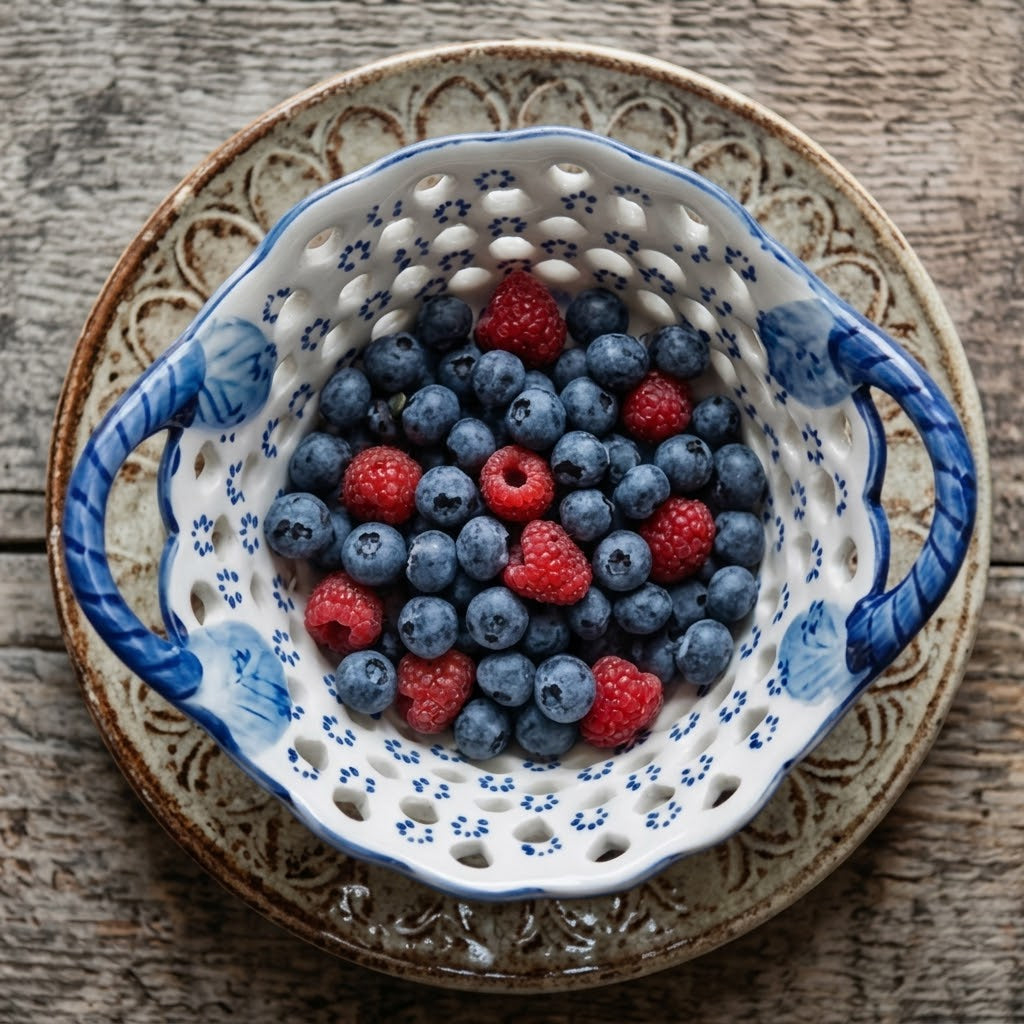 Blue and White Floral Pierced Ceramic Berry Bowl