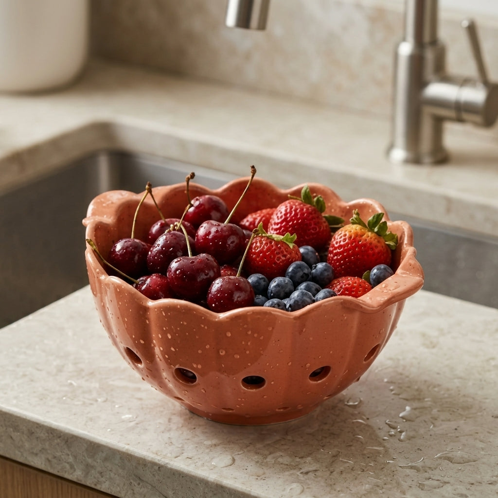 Scalloped Terracotta Ceramic Berry Bowl