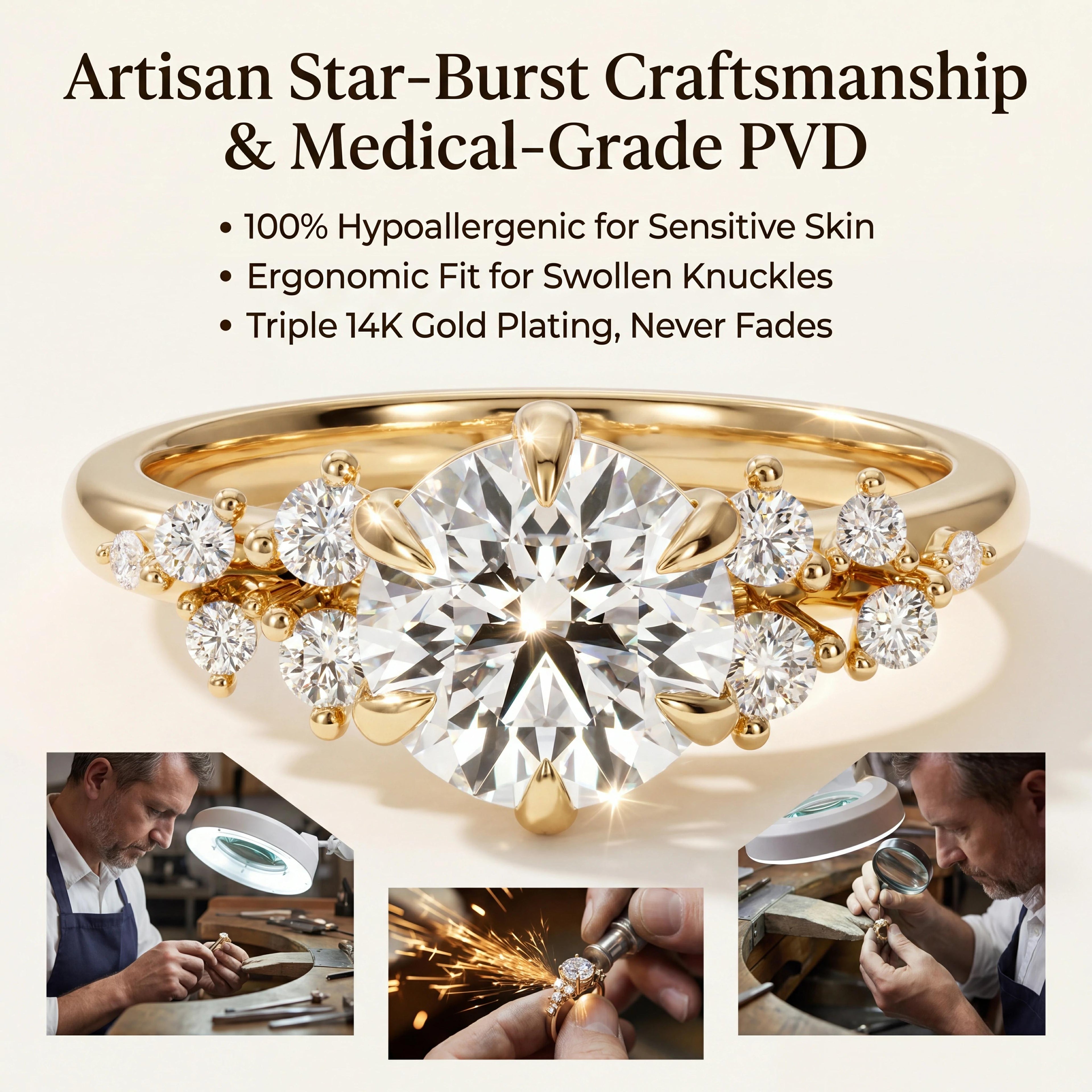 🔥 LAST DAY 90% OFF: Star-Burst Tarnish-Free Flawless VVS1 D-Color Vintage Eternity Ring in 14K Gold Over Silver